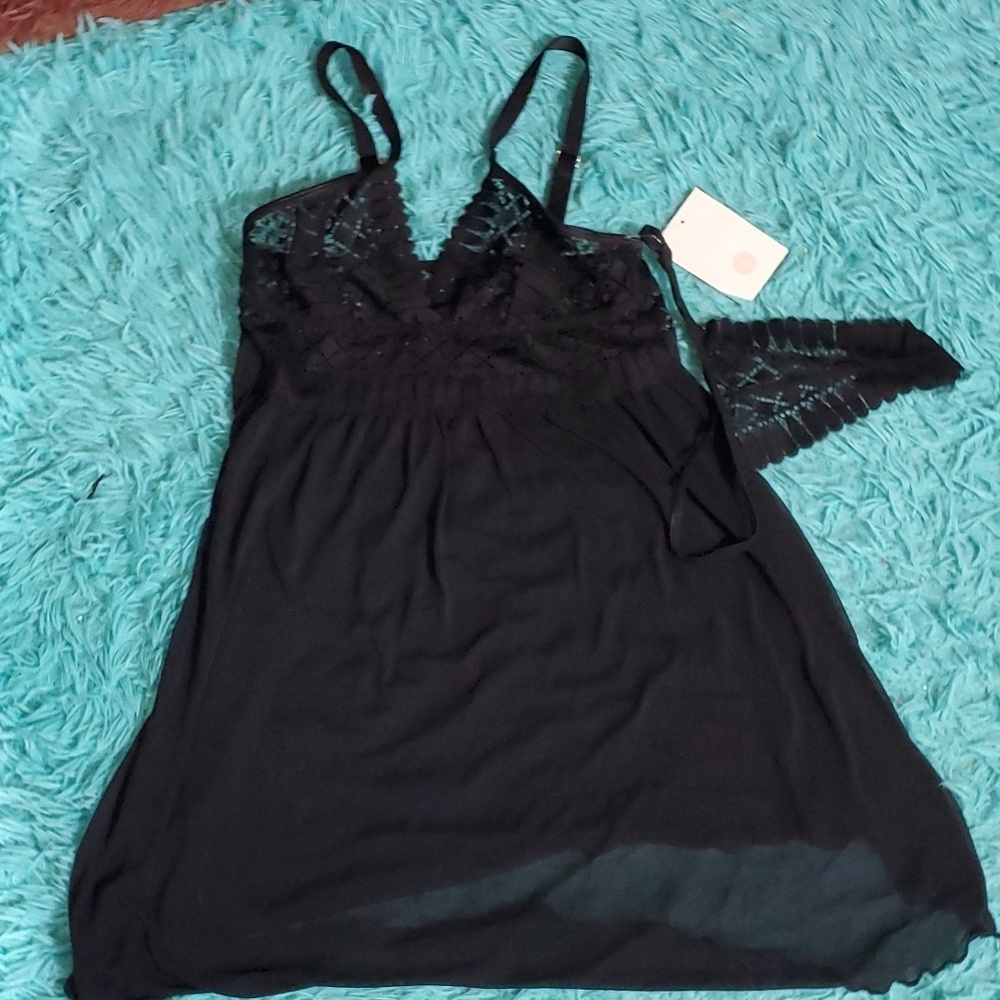 I Collection Black Lace Chemise with Thong Set NWT